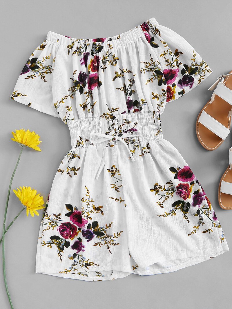 

Off Shoulder Lace Up Front Floral Romper, White