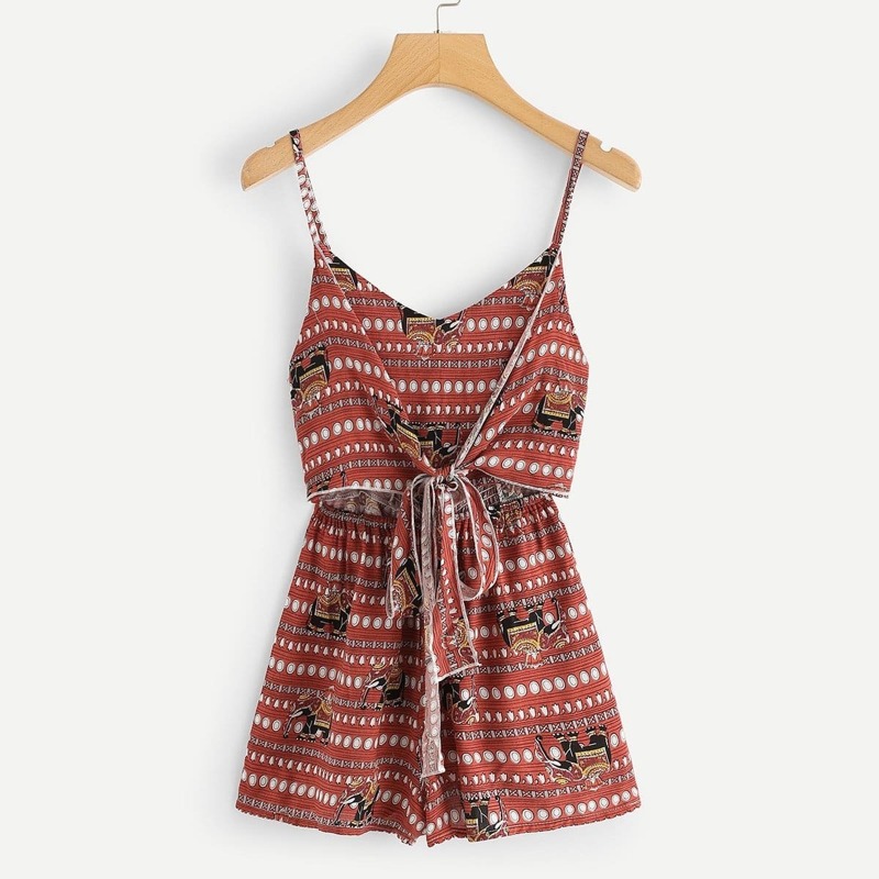 

Geo Print Knot Cami Romper, Multicolor