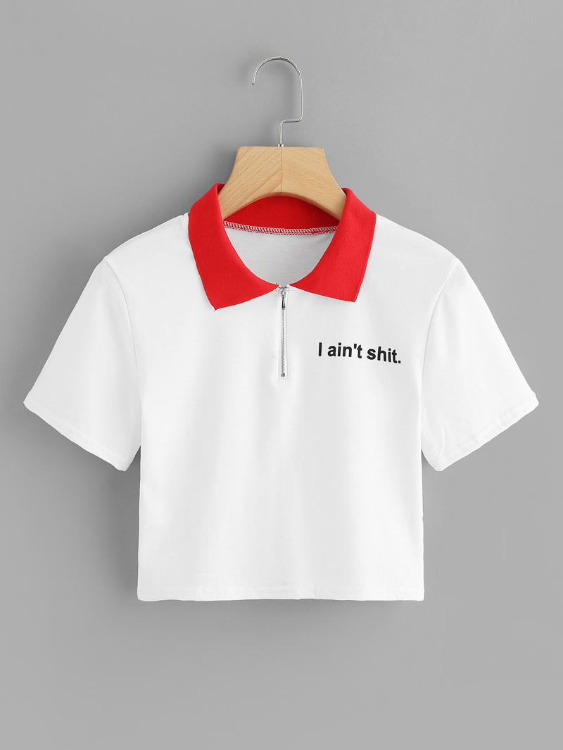 

Letter Print Contrast Collar Crop Tee, White