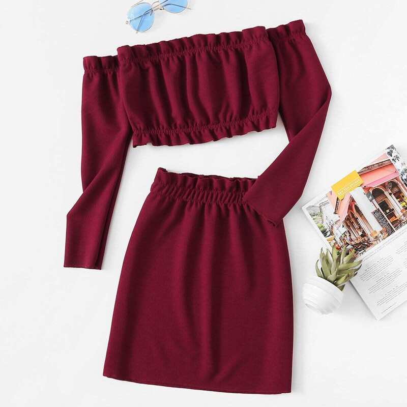 

Frill Trim Knit Crop Top With Skirt, Burgundy