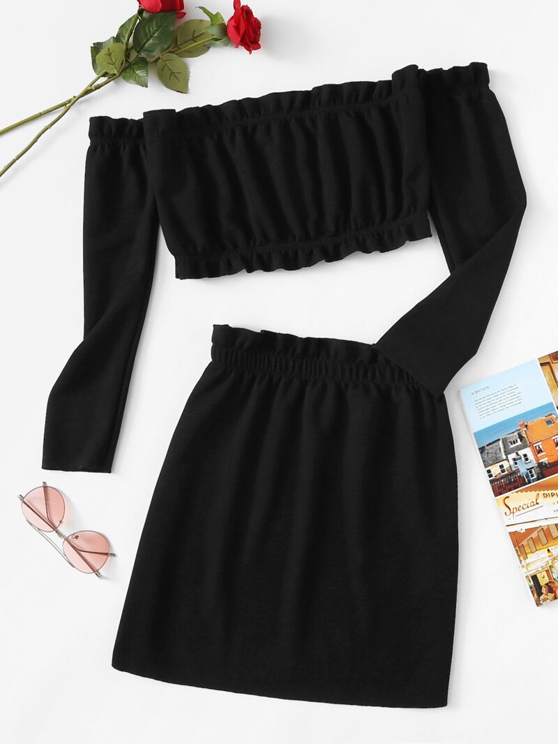 

Frill Trim Knit Crop Top With Skirt, Black