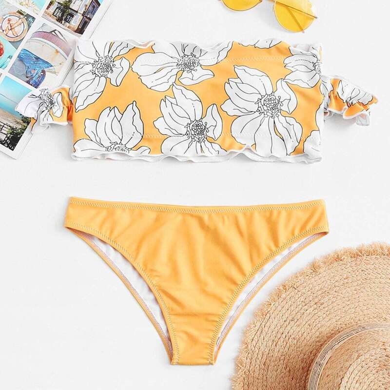 

Flower Print Off-the-shoulder Frill Bikini Set, Yellow
