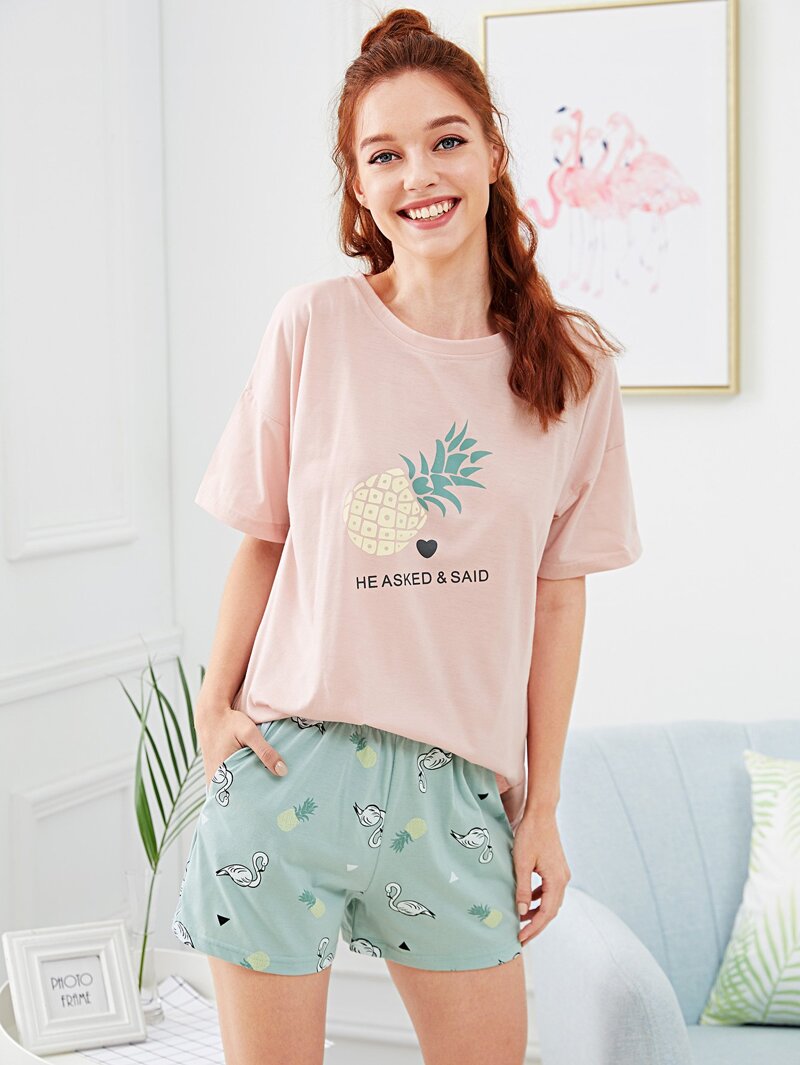 

Pineapple & Letter Print Pajama Set, Multicolor, Poly