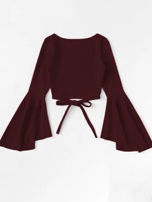 SHEIN Unity Flare Sleeve Self-Tie Crop Top - Burgundy - View 2