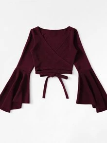 SHEIN Unity Flare Sleeve Self-Tie Crop Top - Burgundy - View 3