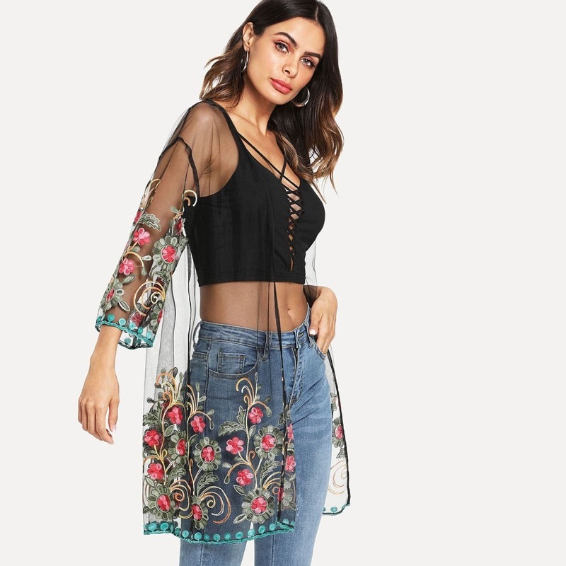 

Flower Embroidered Mesh Kimono, Multicolor