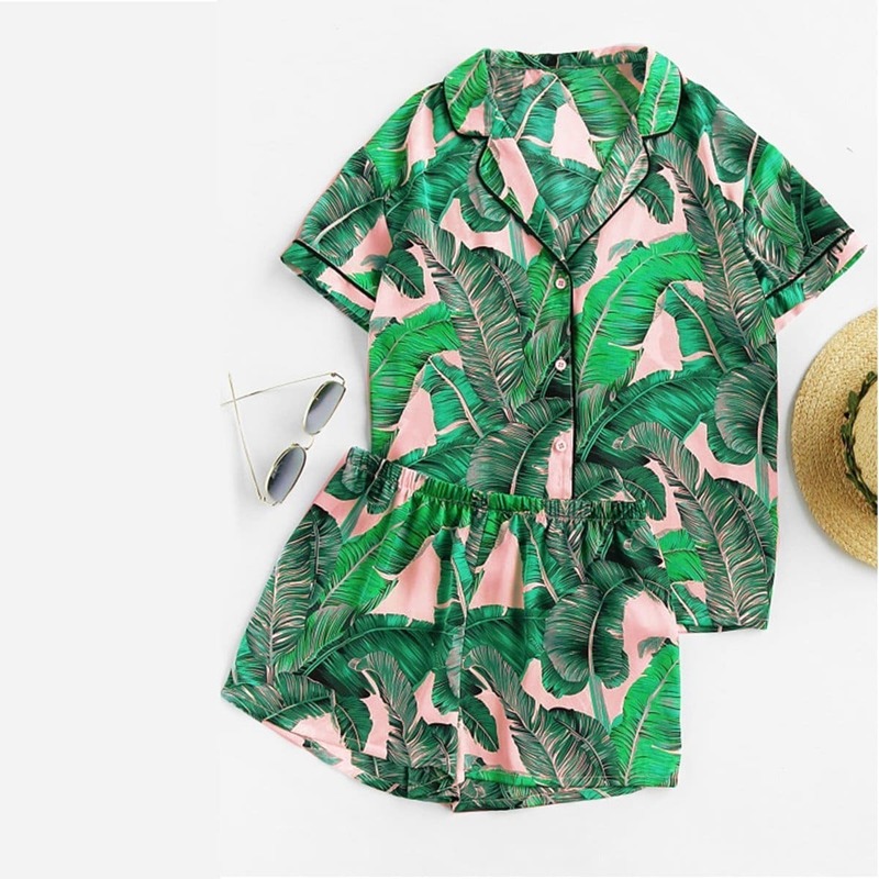 

Palm Leaf Print Shirt & Shorts PJ Set, Multicolor