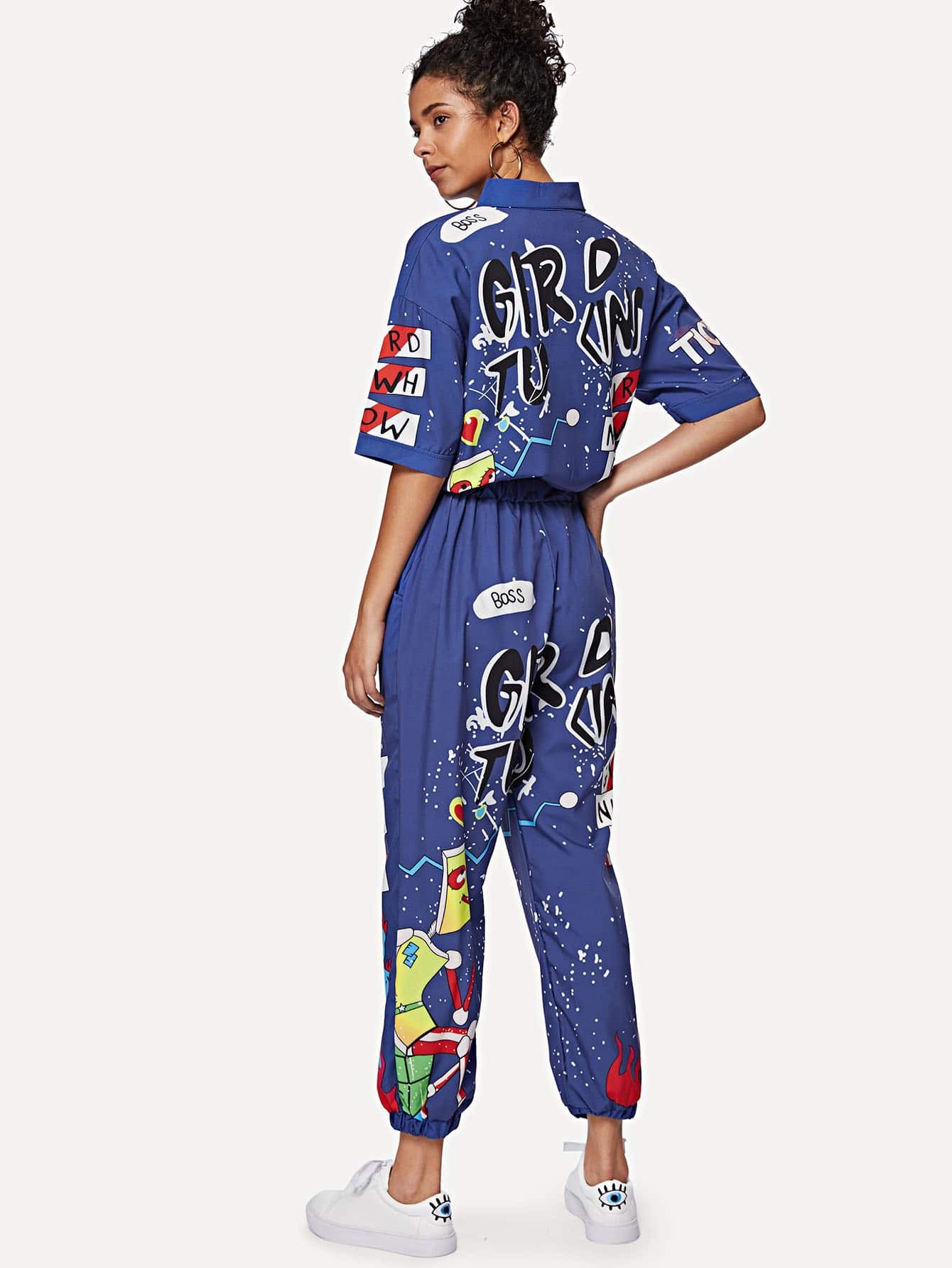 Graffiti Print Shirt Detail Jumpsuit 