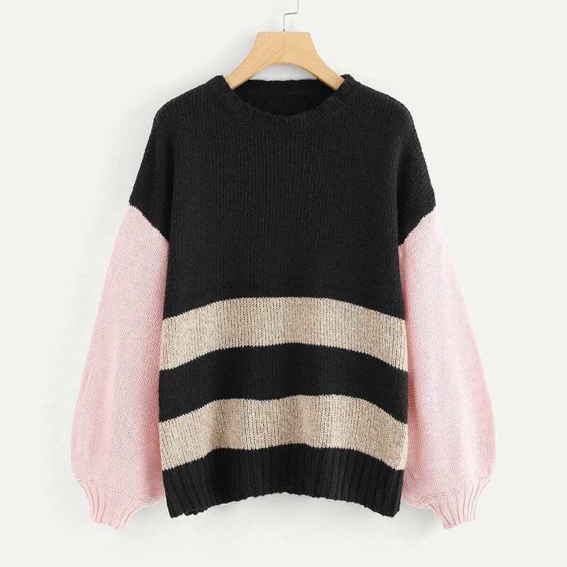 

Contrast Lantern Sleeve Striped Jumper, Multicolor