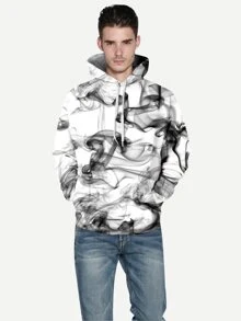 Manfinity Men 3D Abstract Smoke Print Hooded Sweatshirt - Black and White - View 3