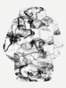 Manfinity Men 3D Abstract Smoke Print Hooded Sweatshirt - Black and White - View 2