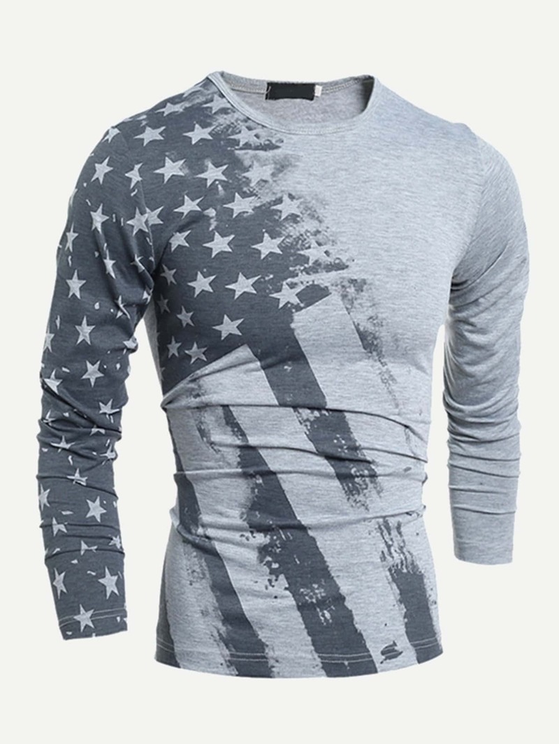 

Men American Flags Print Tee, Grey
