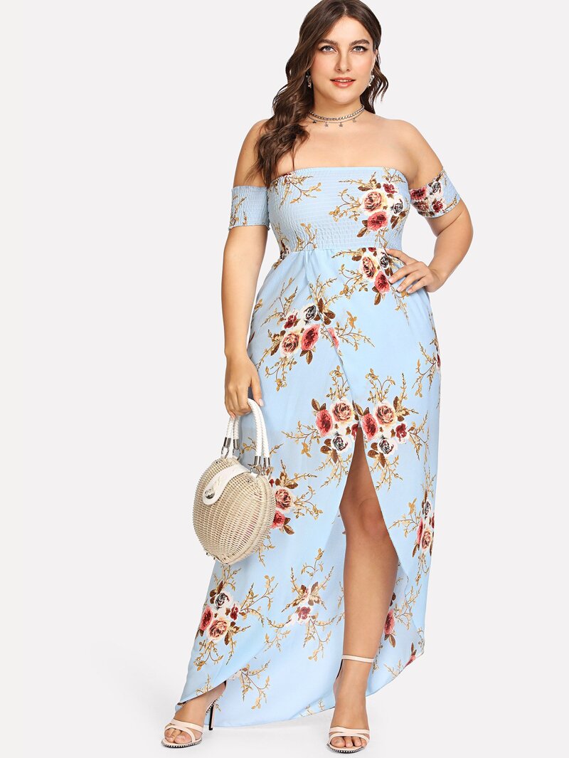 

Plus Floral Print Split Long Dress, Blue, Franziska