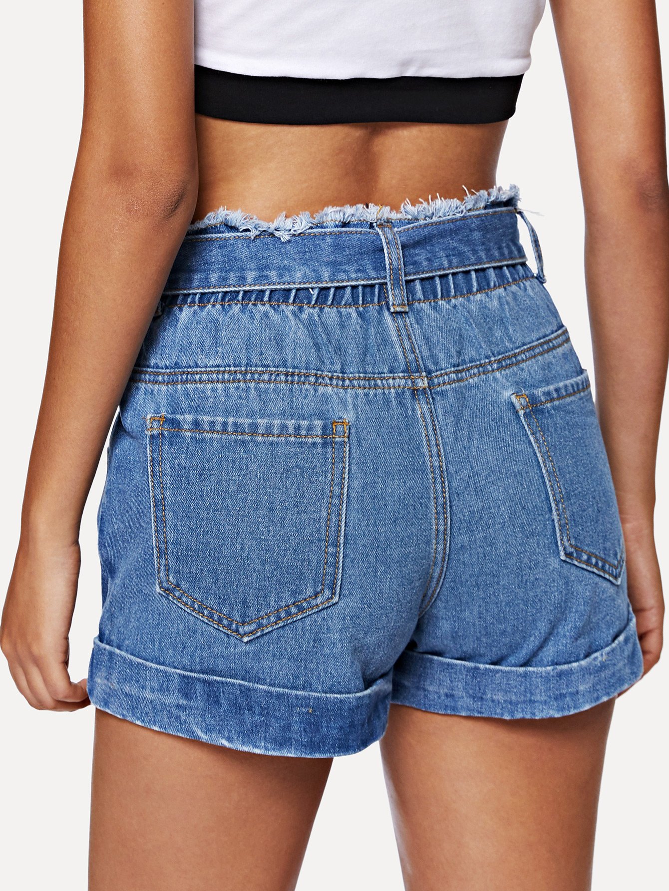 raw hem tie waist denim shorts