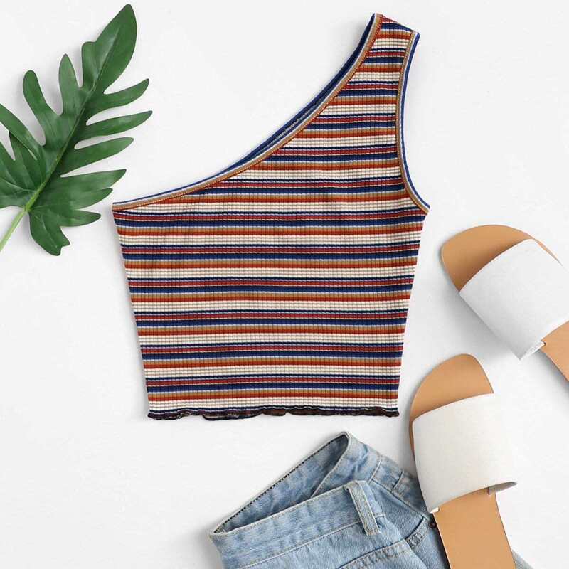 

One-Shoulder Ribbed Stripe Crop Top, Multicolor