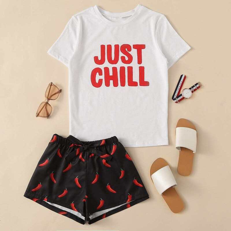 

Letter Print Top & Drawstring Waist Shorts PJ Set, Black and white