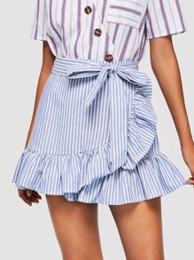 Tie Front Ruffle Trim Striped Skirt