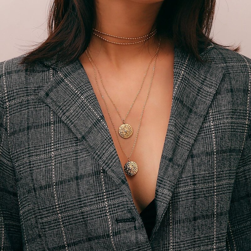 

Round Pendant Layered Chain Necklace, Gold