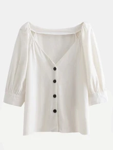 Button Front Blouse - White - View 1