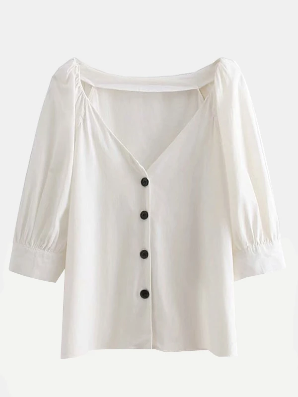 Button Front Blouse - White - View 1