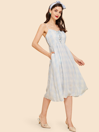 Lace Up Front Plaid Cami Dress