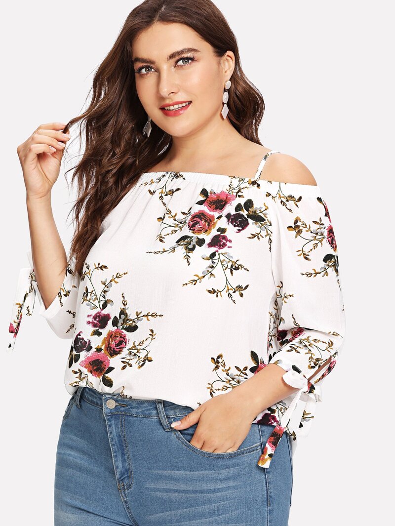 

Plus Cold Shoulder Floral Print Blouse, White