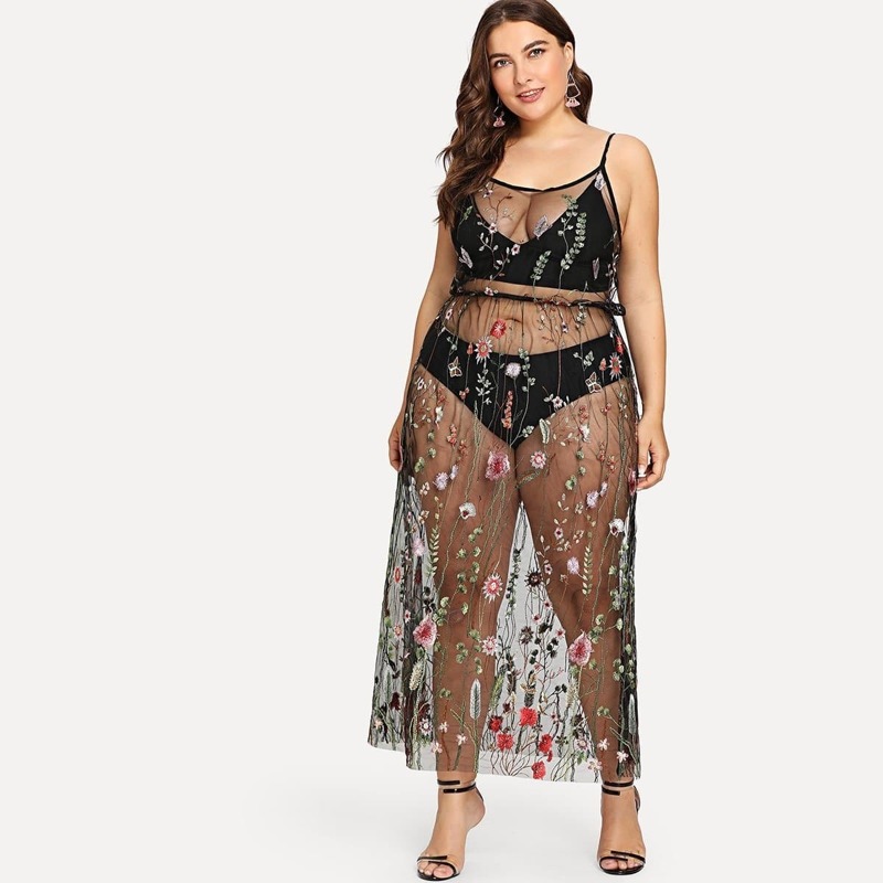 

Plus Floral Embroidered Sheer Mesh Dress, Black