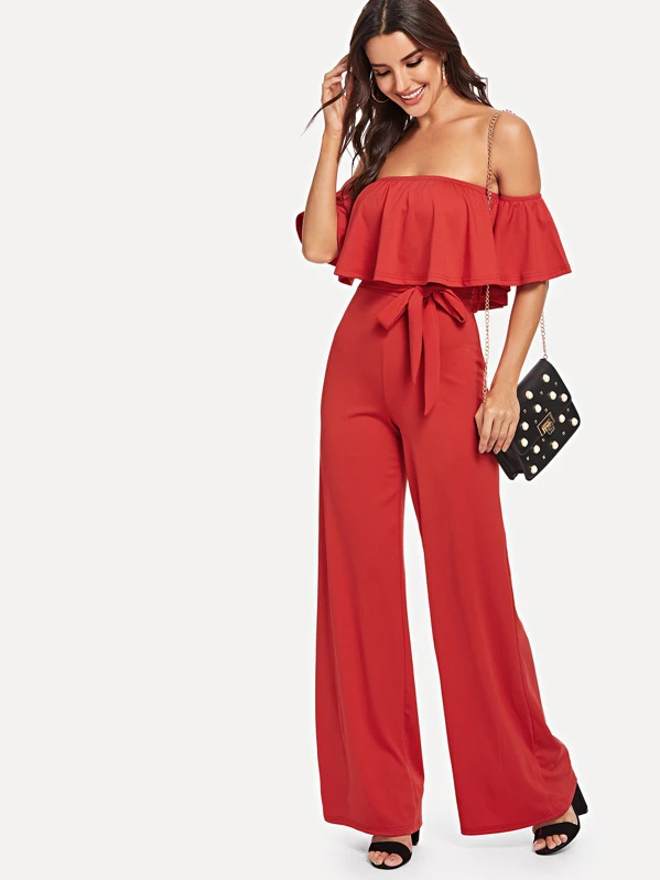 off the shoulder tie waist jumpsuit