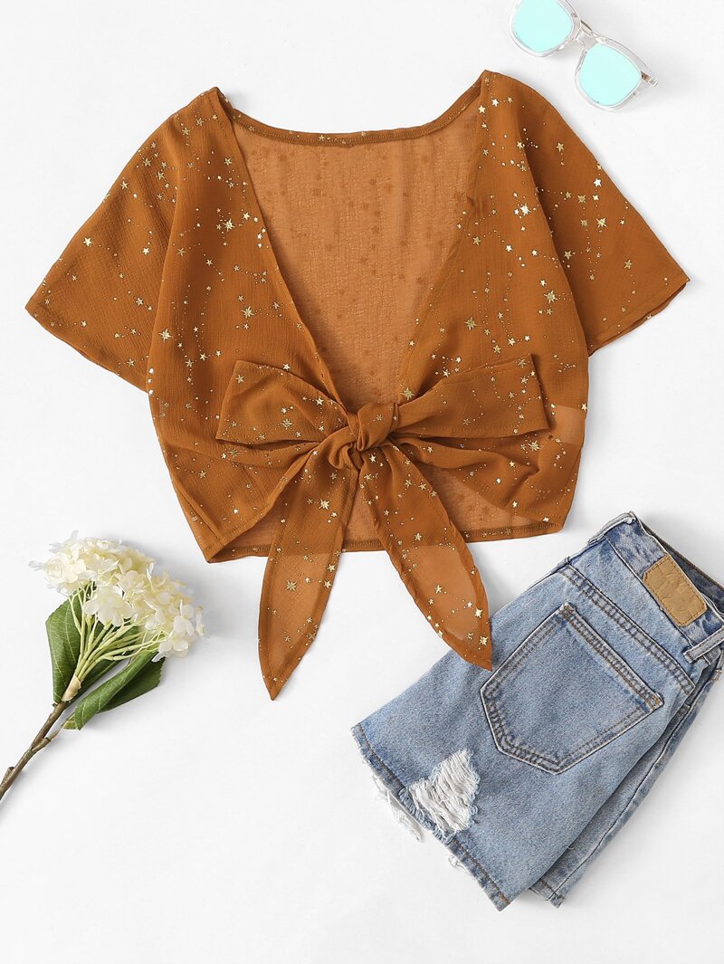 

Star Print Knot Blouse, Brown