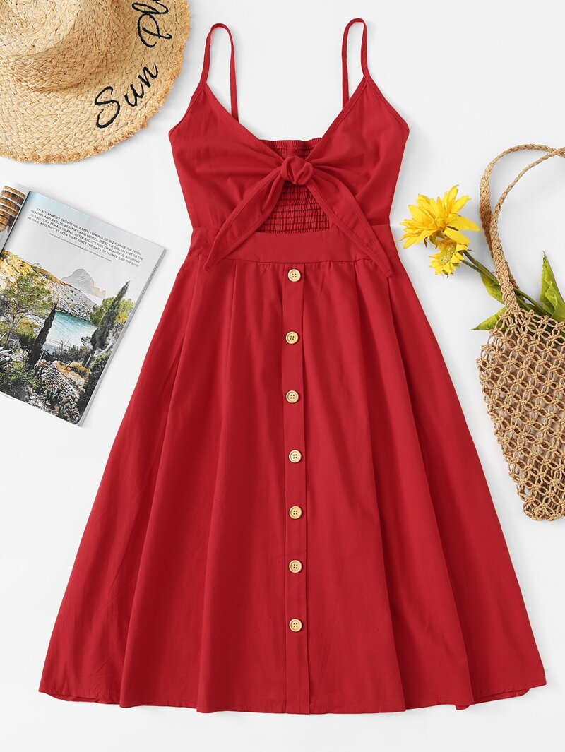 

Single Breasted Front Knot Cami Dress, Red