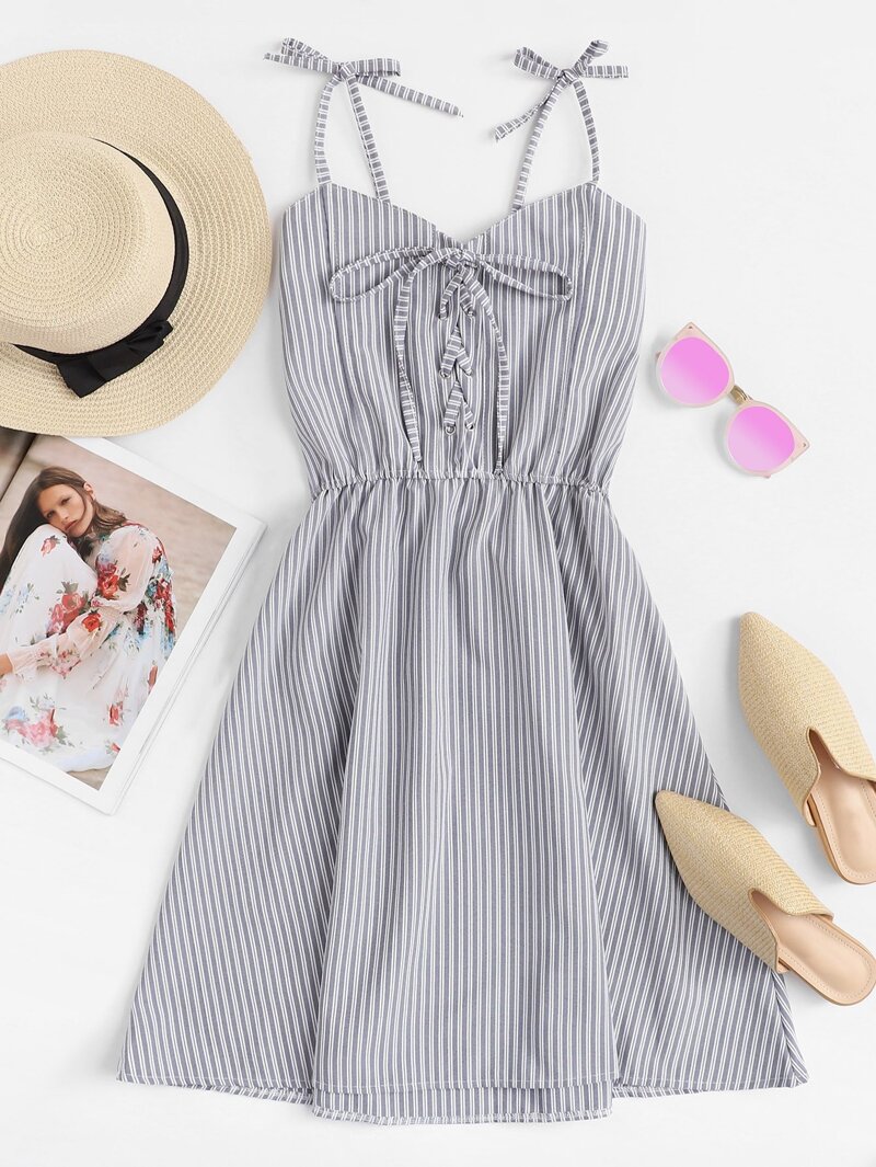 

Tie Shoulder Eyelet Lace-Up Striped Dress, Grey