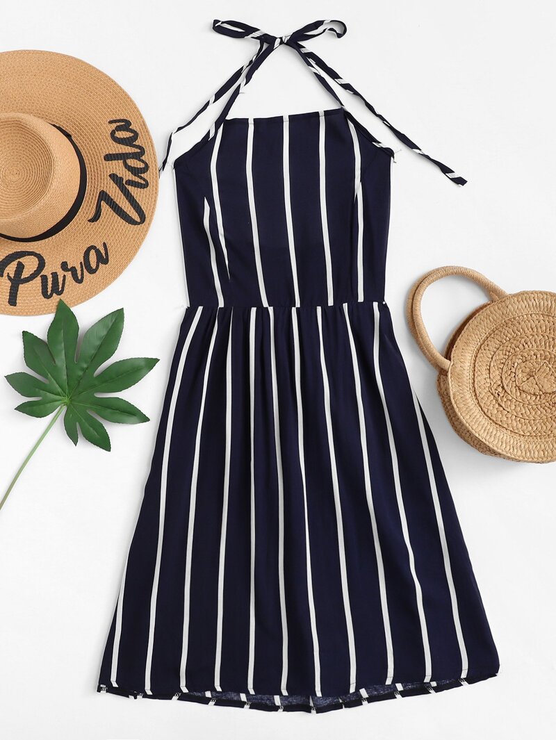 

Striped Pleated Back Halter Dress, Navy