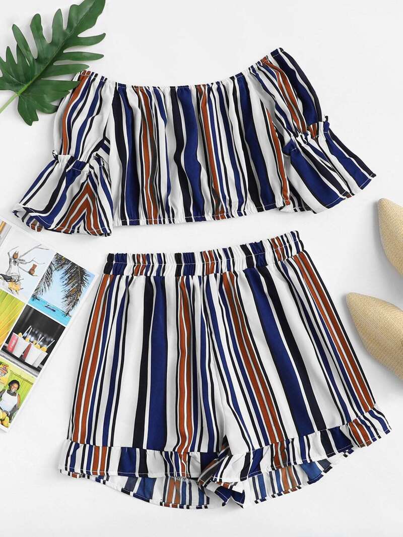 

Off Shoulder Striped Top With Shorts, Multicolor