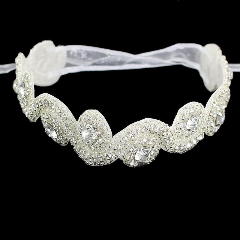 

White Ribbon Rhinestone Flower Pattern Hairband Women Fashion Hair Accessories
