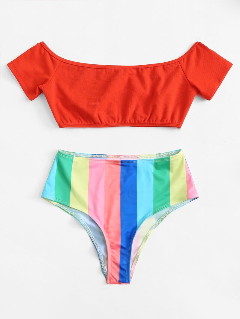 

Ranbow Striped Off Shoulder Bikini Set, Multicolor