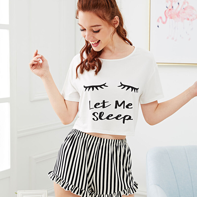 

Graphic Tee & Frilled Striped Shorts PJ Set, Black and white