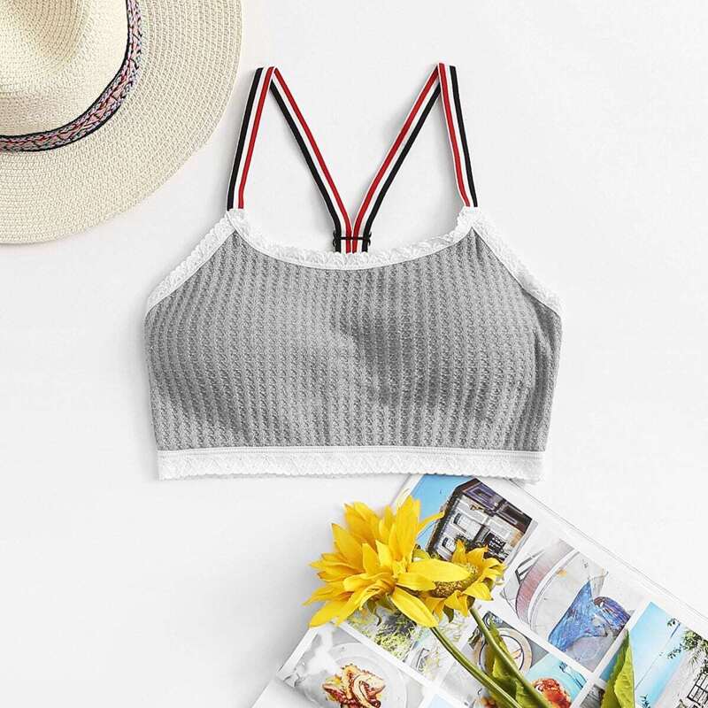 

Striped Straps Knit Bralette, Grey