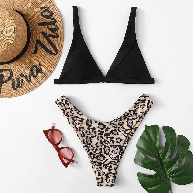 

Triangle Top With Leopard Print High Leg Bikini, Multicolor
