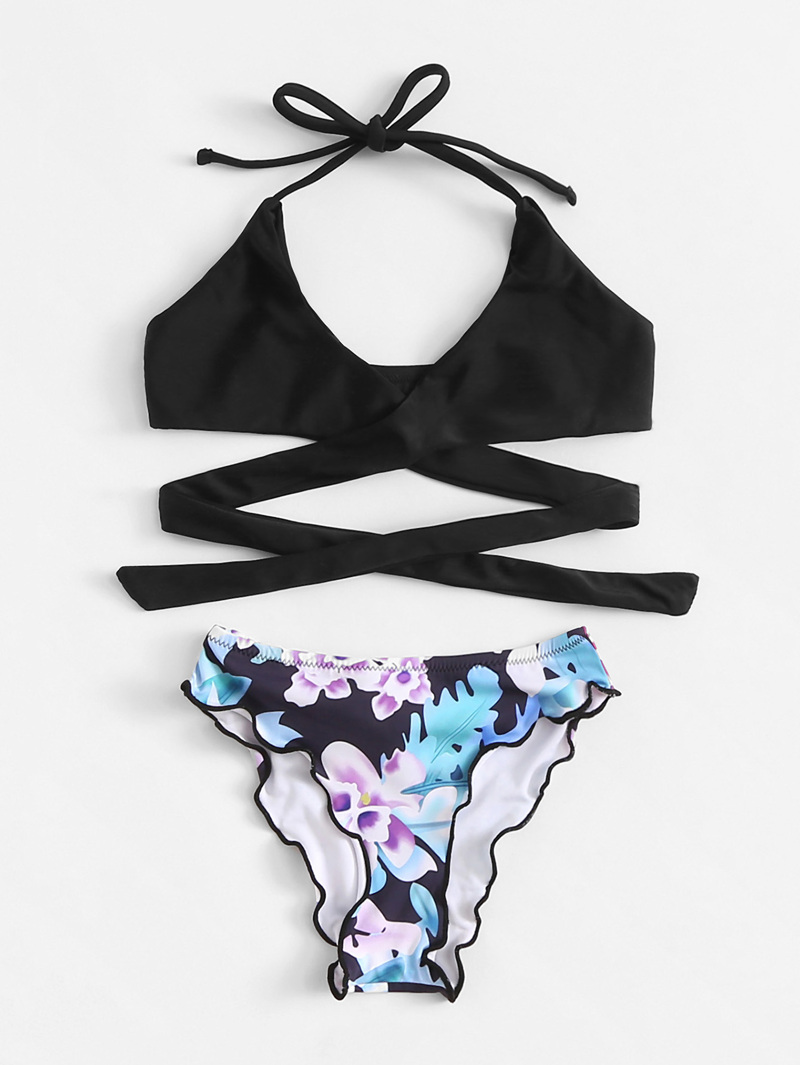 

Girls Flower Print Wrap Bikini Set, Multicolor
