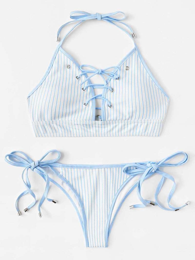 

Lace-Up Striped Bikini Set, Blue