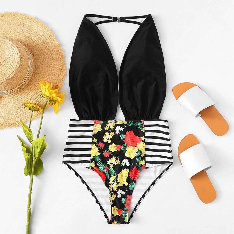 

Floral & Striped High Waist One Piece Swimsuit, Multicolor