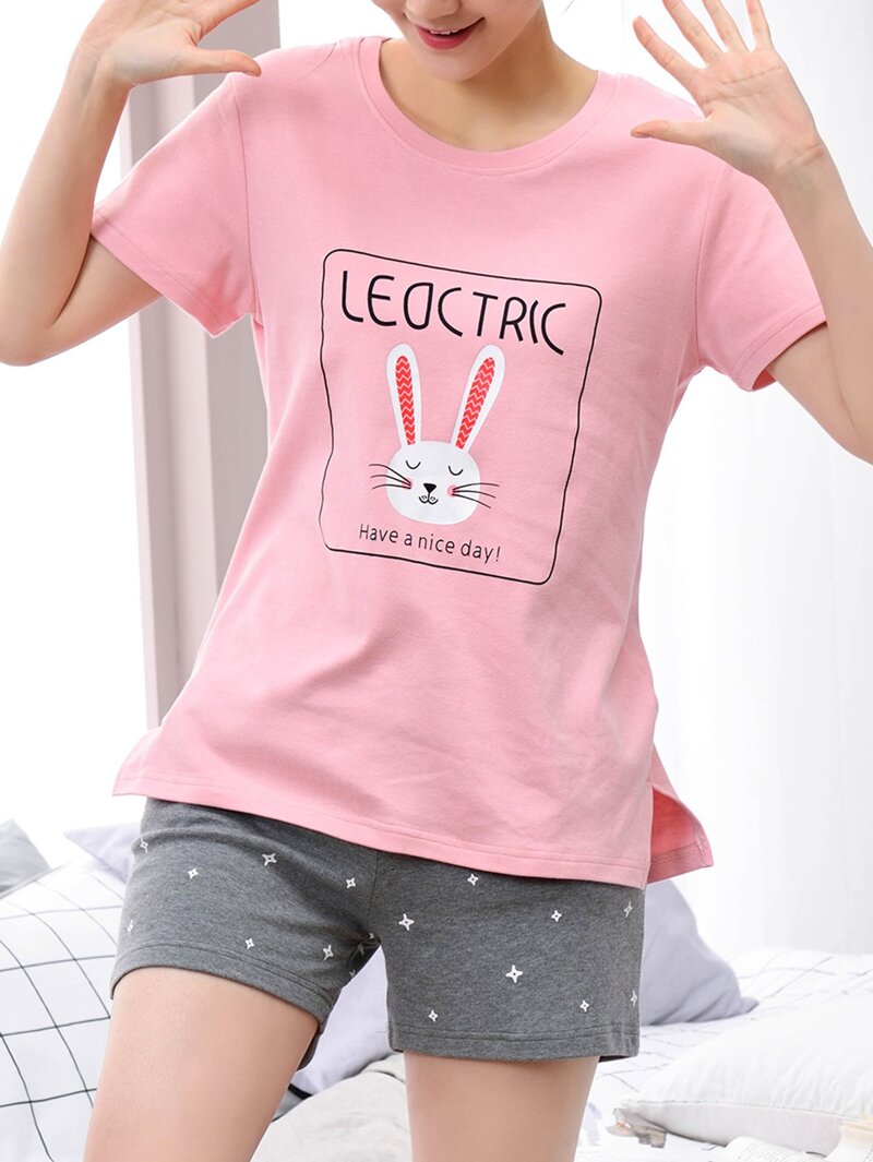

Rabbit & Letter Print Pajama Set, Multicolor
