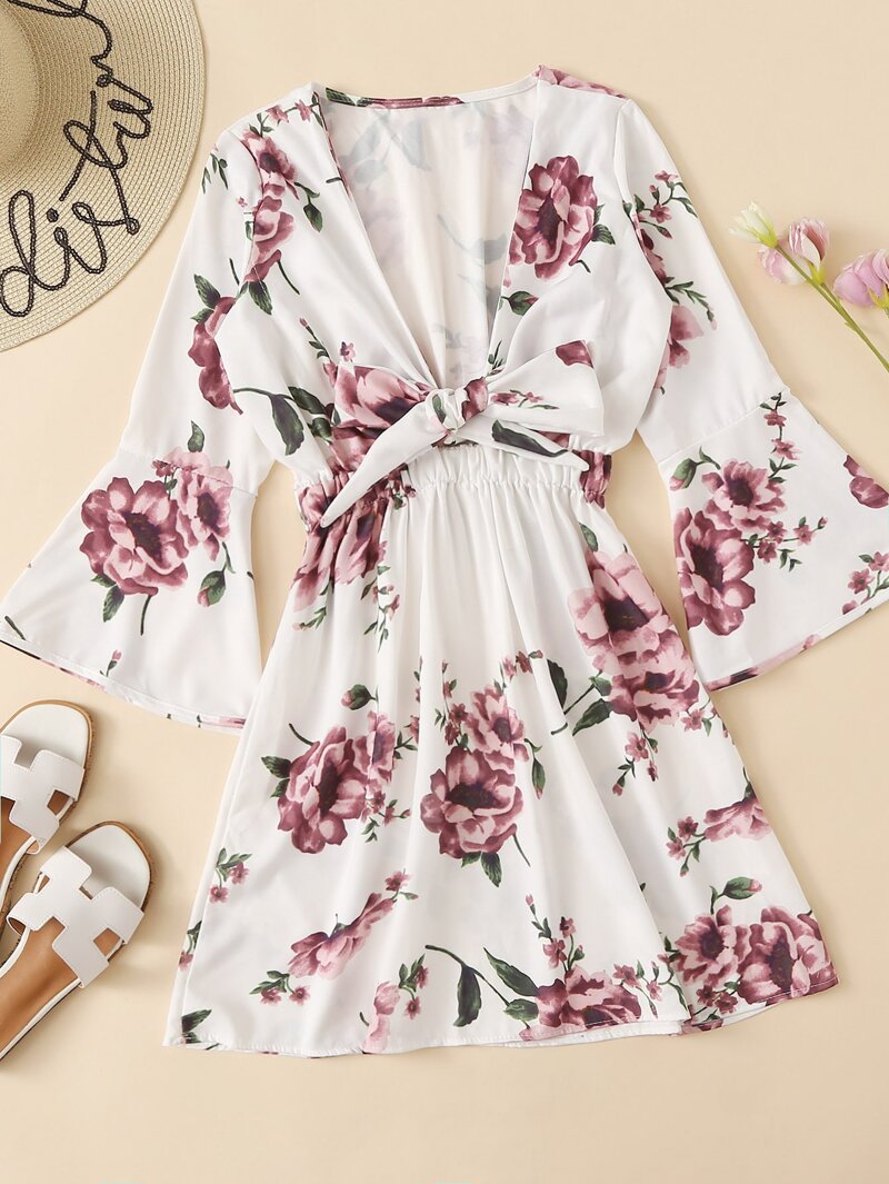 

Knot Front Flounce Sleeve Floral Dress, Multicolor