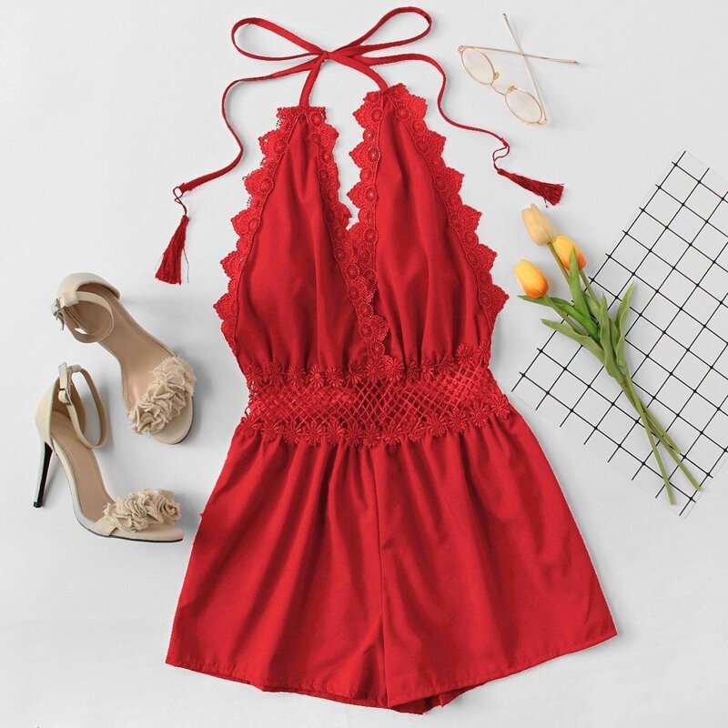 

Lace Trim Open Back Halter Romper, Red