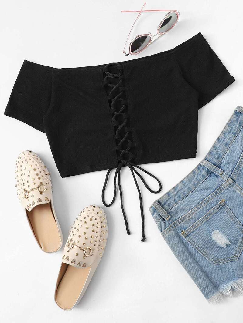 

Off Shoulder Lace Up Crop Top, Black