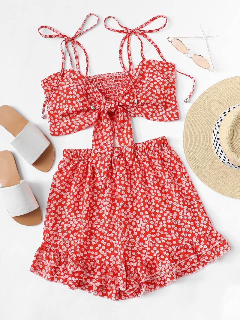 

Knot Front Floral Cami With Shorts, Red