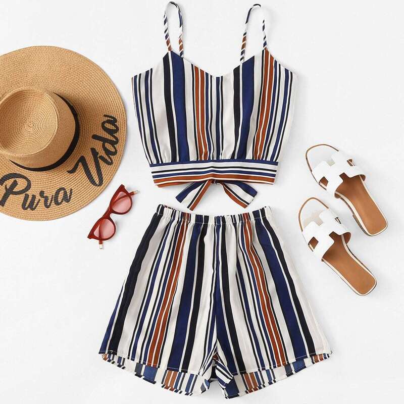 

Striped Split Self Tie Back Crop Cami Top With Shorts, Multicolor