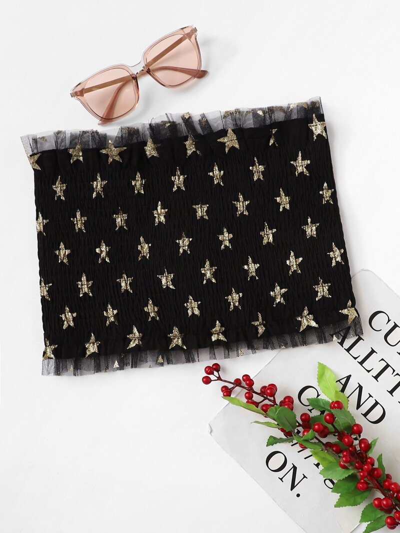 

Star Print Mesh Panel Trim Tube Top, Black