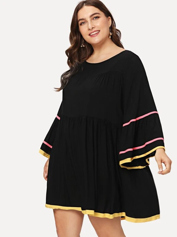 Plus Ribbon Tape Detail Trumpet Sleeve Smock Dress Shein Eur