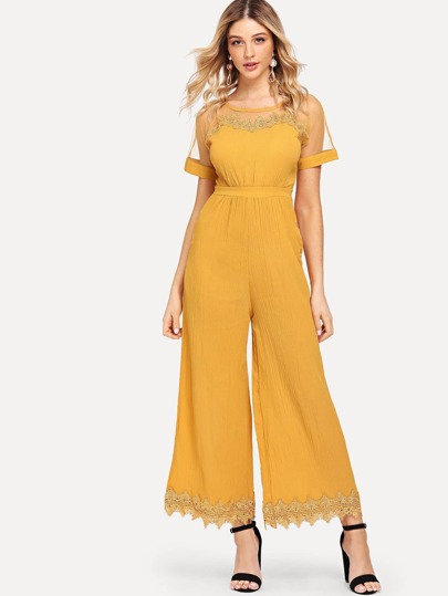 Mesh Shoulder Lace Hem Palazzo Jumpsuit pictures